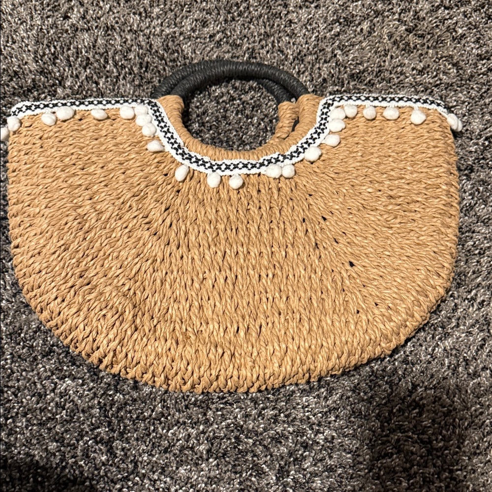 Chic Tan Woven Tote with Black Handles